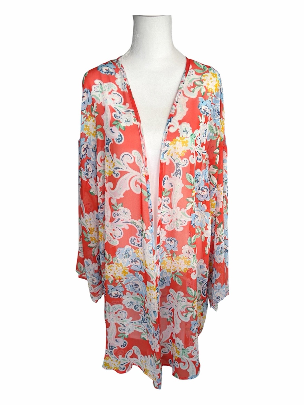 Emerald Brand Womens 2X Kimono Cover Up Red Blue Floral Lightweight